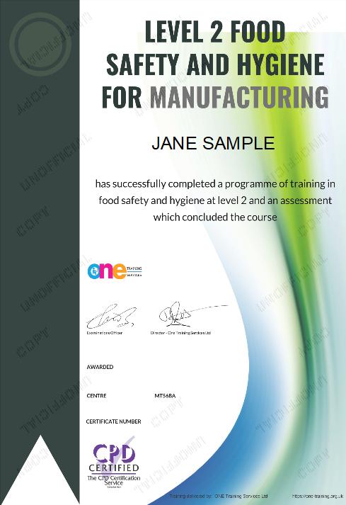 Level 2 Food Safety and Hygiene for Manufacturing certificate