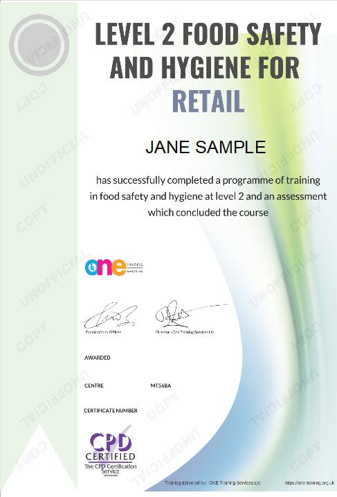 Level 2 Food Safety and Hygiene For Retail course certificate