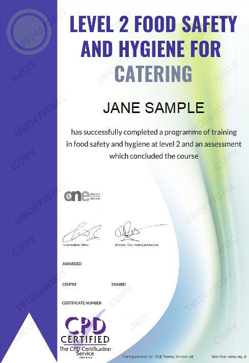 Level 2 Food Safety and Hygiene for Catering course certificate